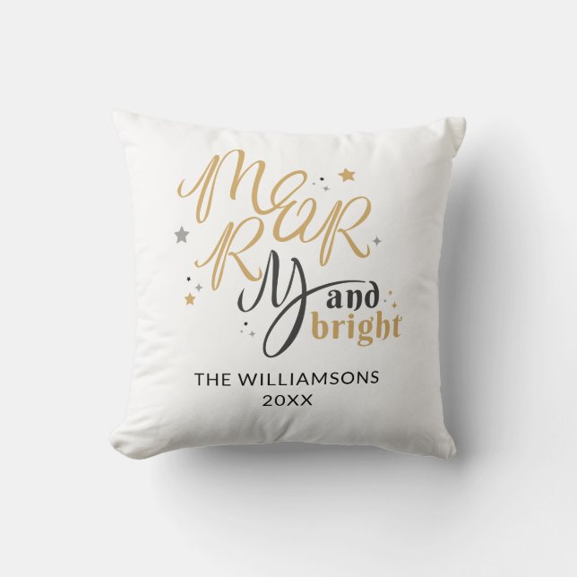 Merry and Bright Christmas Family Name Custom Throw Pillow (Front)