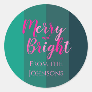 Merry and Bright Christmas Family Name Green Pink Classic Round Sticker