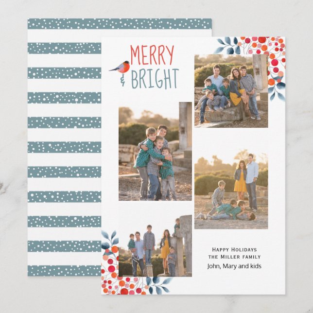 Merry and Bright Christmas four photo collage card (Front/Back)