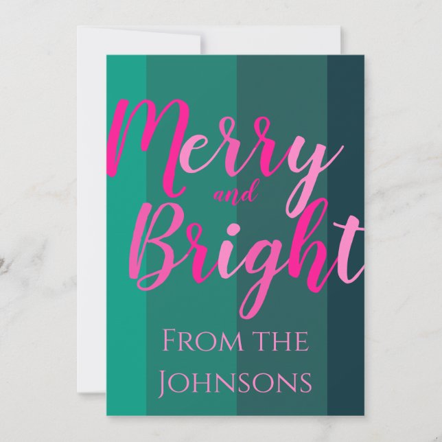 Merry and Bright Christmas Green Pink Holiday Card (Front)
