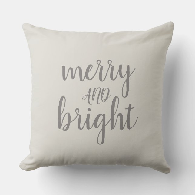 Merry and Bright Christmas Grey Script Throw Pillow (Front)