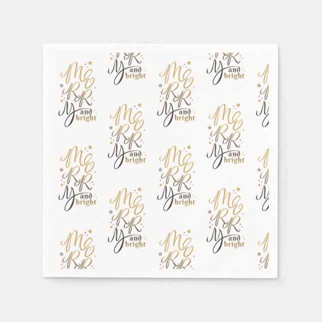 Merry and Bright Christmas Holiday Gold Script Napkin (Front)