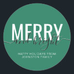 Merry and bright Christmas holiday green Classic Round Sticker<br><div class="desc">Merry and bright Christmas holiday green classic round sticker</div>