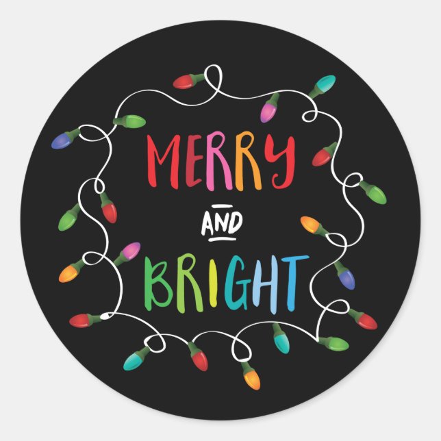 Merry and Bright Christmas Lights (Black) Classic Round Sticker (Front)
