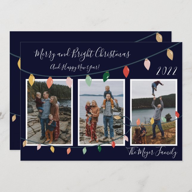 Merry and Bright Christmas Lights Dark Blue Photo Holiday Card (Front/Back)