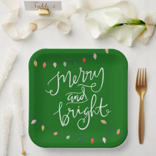 Merry and Bright Christmas Lights Green Paper Plate