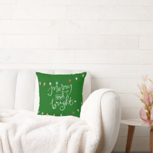 Merry and Bright Christmas Lights Green Throw Pillow