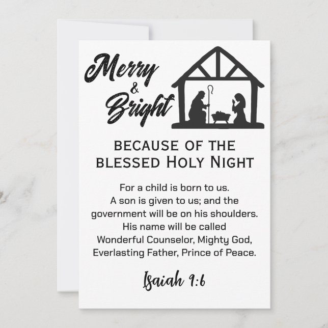 Merry and Bright Christmas Nativity Black Script Holiday Card (Front)