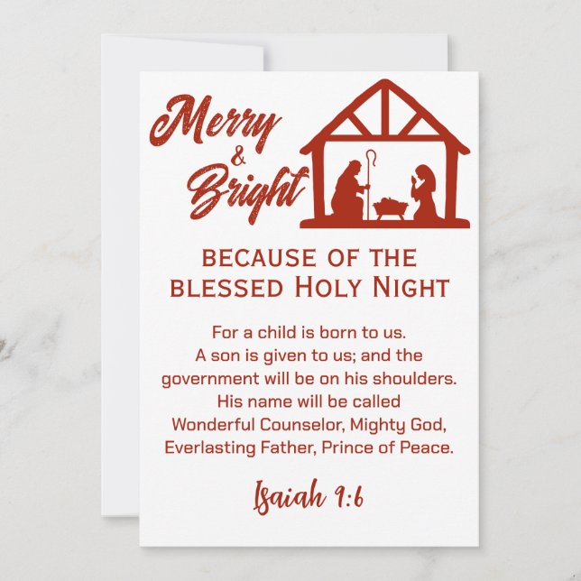 Merry and Bright Christmas Nativity Red Script Holiday Card (Front)