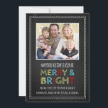 Merry and Bright Christmas Photo Card Chalkboard<br><div class="desc">Merry & bright christmas customizable photo card in colourful,  fun and retro red,  green,  blue,  yellow,  black and white chalkboard pattern. Add your photo and custom text to this card to create a unique christmas greeting this holiday season for friends and family.</div>