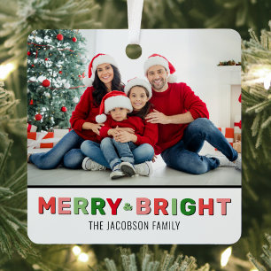 Merry And Bright Christmas Photo Metal Ornament