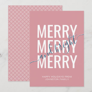 Merry and bright Christmas pink chequered pattern Holiday Card
