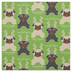 Merry and Bright Christmas Pug Reindeers Fabric