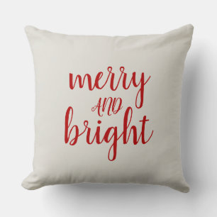 Merry and Bright Christmas Red Script Throw Pillow