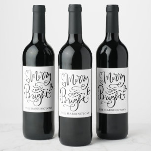 Merry And Bright Christmas Script Calligraphy Wine Label