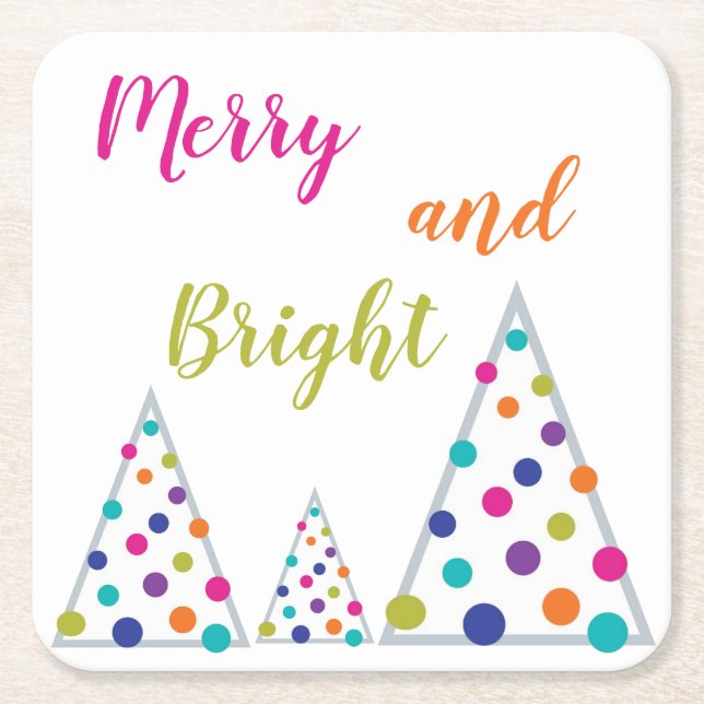 Merry and Bright Christmas Square Paper Coaster (Front)