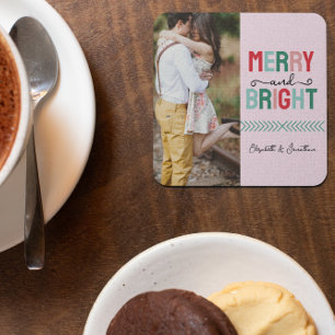 Merry and Bright Christmas Square Paper Coaster