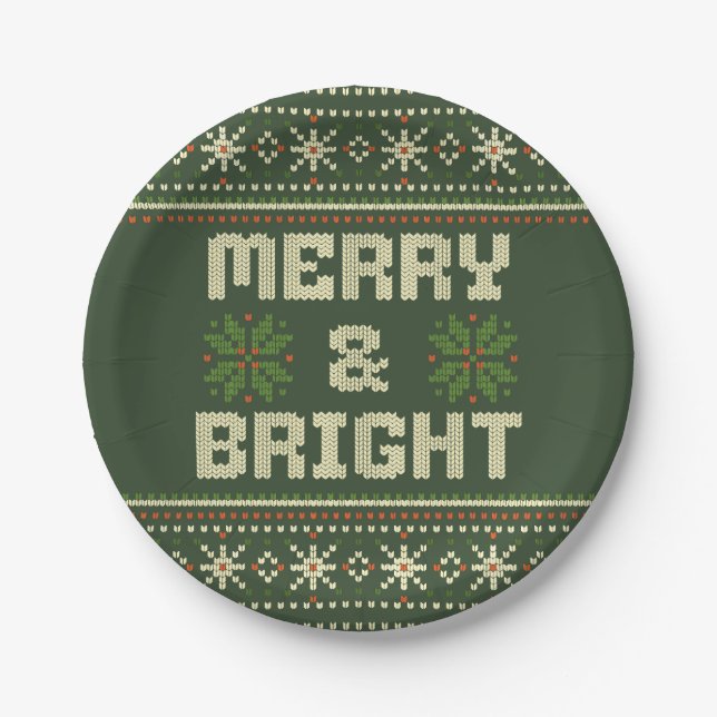 Merry and Bright Christmas Sweater Nordic Knit  Paper Plate (Front)