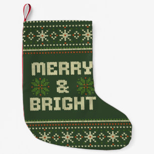 Merry and Bright Christmas Sweater Nordic Knit  Small Christmas Stocking