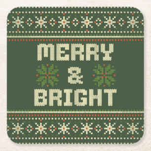Merry and Bright Christmas Sweater Nordic Knit Square Paper Coaster