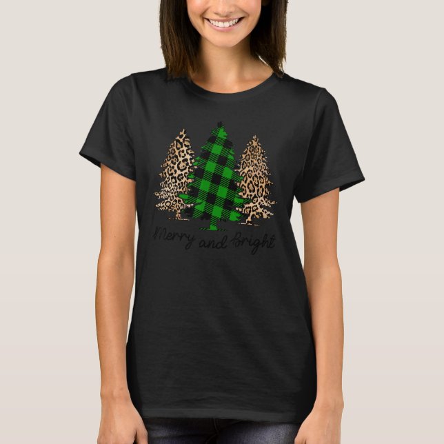 Merry And Bright Christmas Tree Leopard Print Buff T-Shirt (Front)