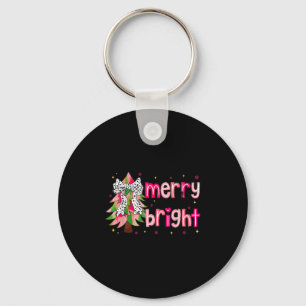Merry And Bright Christmas Tree Nk Coquette Bow Wo Keychain