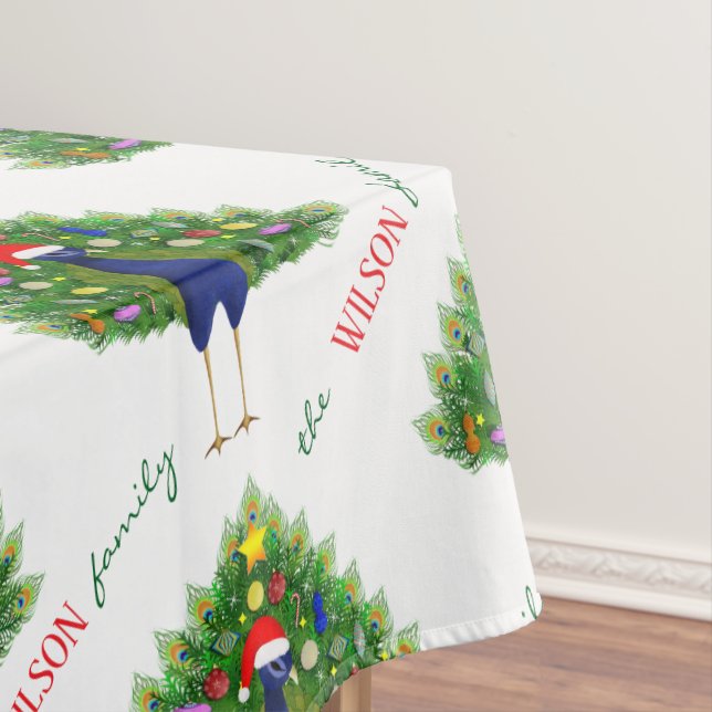 Merry and Bright Christmas Tree Peacock Pattern Tablecloth (In Situ)
