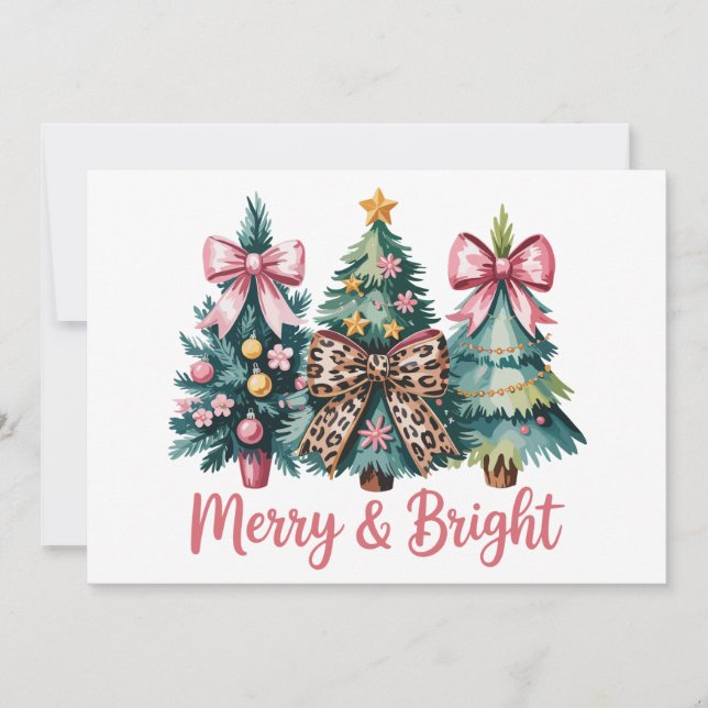 Merry And Bright Christmas Tree Pink Leopard Bow Holiday Card (Front)