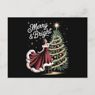 Merry And Bright Christmas Tree Vintage Lady Xmas Holiday Postcard