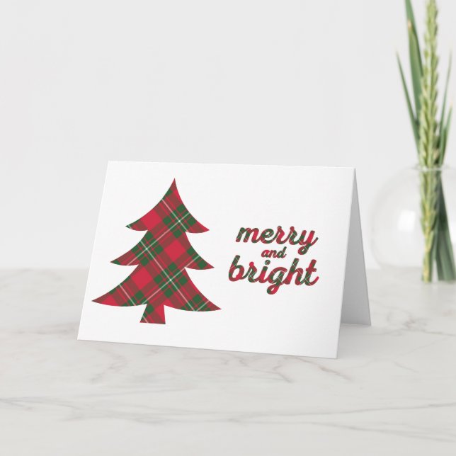 Merry and Bright Christmas typography tartan Greet Thank You Card (Front)