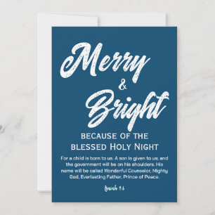 Merry and Bright Christmas White Script Blue Holiday Card