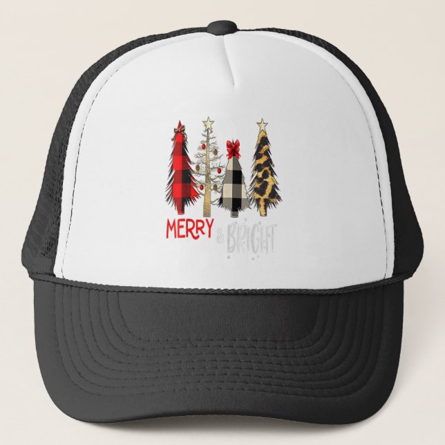 Merry And Bright Christmas Wild Leopard Plaid Tree Trucker Hat (Front)