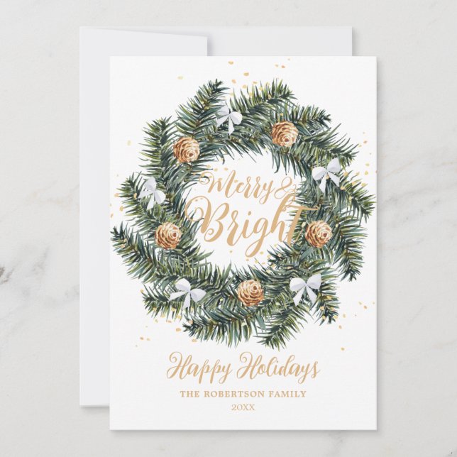 Merry and Bright Christmas Wreath Holiday Card (Front)