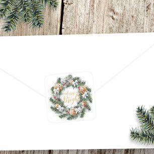 Merry and Bright Christmas Wreath Holiday Square Sticker