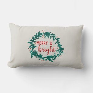 Merry and Bright Christmas Wreath Lumbar Pillow