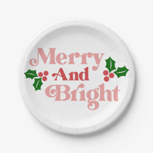 Merry and Bright - Classic Holiday Typography Paper Plate