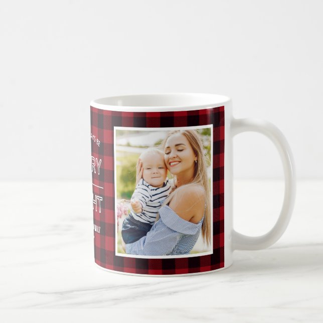 Merry and Bright Classic Red Plaid with 2 Photos Coffee Mug (Right)