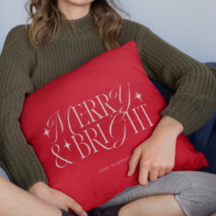 Merry and Bright Classic Typography Throw Pillow