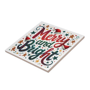Merry and Bright Colorful Festive Retro Typography Tile
