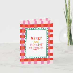Merry and Bright Colorful Gingham custom name Holiday Card