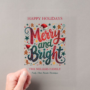 Merry and Bright Colourful Festive Retro Typograph Acrylic Invitations