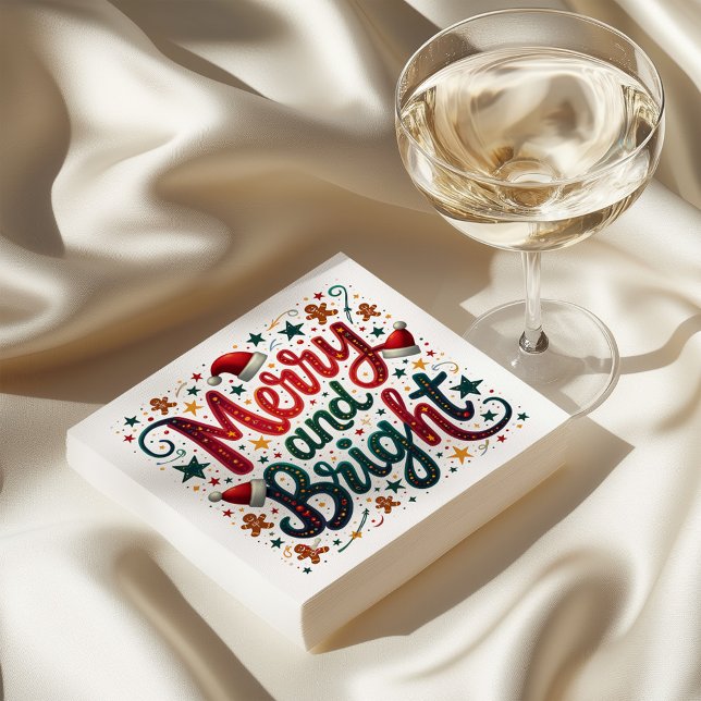 Merry and Bright Colourful Festive Retro Typograph Napkin (Creator Uploaded)