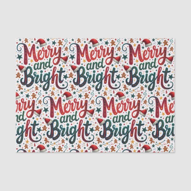 Merry and Bright Colourful Festive Retro Typograph Tissue Paper (Front)