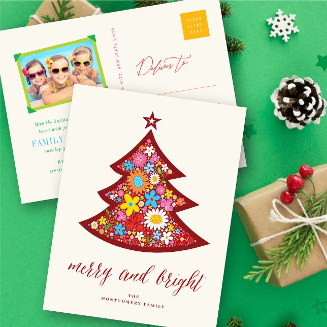 Merry And Bright Colourful Flowers Christmas Tree Holiday Postcard (Creator Uploaded)