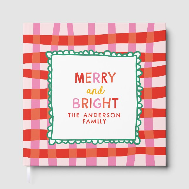 Merry and Bright Colourful Gingham custom name Guest Book (Front)