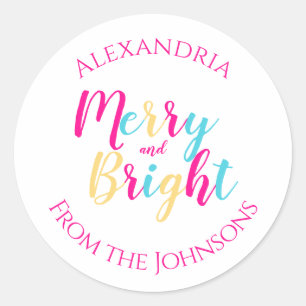 Merry and Bright Colourful Personalized Family Nam Classic Round Sticker