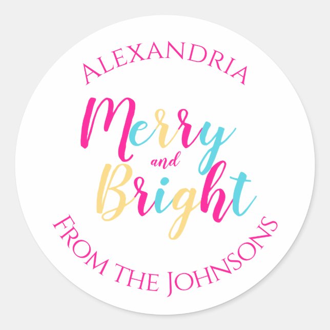 Merry and Bright Colourful Personalized Family Nam Classic Round Sticker (Front)