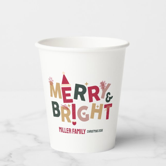 Merry and Bright Colourful Retro Typography Paper Cups (Front)