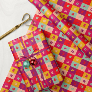Merry and Bright Colourful Type Squares Pattern Wrapping Paper