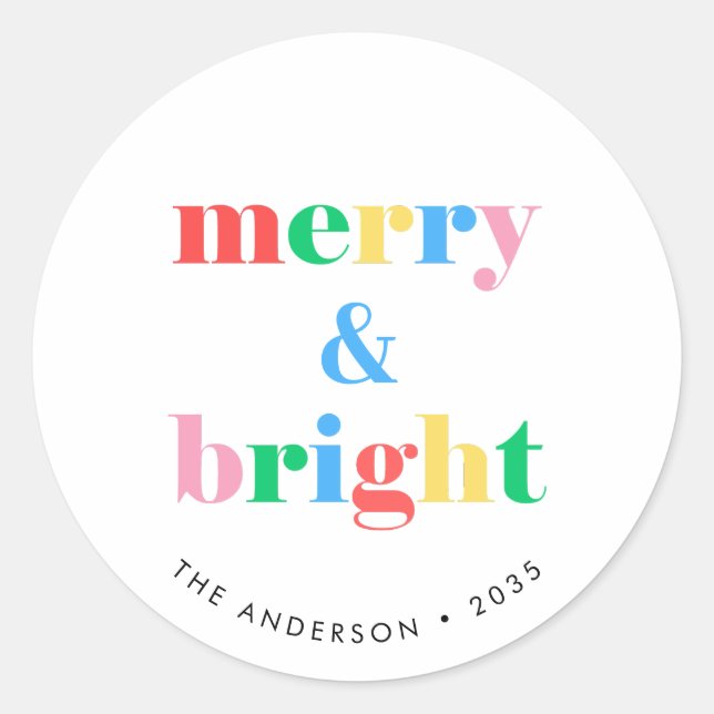 Merry and Bright Colourful Typography Christmas Classic Round Sticker (Front)